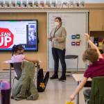 Jessica Cain leads a second-grade class at Lake Stickney Elementary on March 12 in Lynnwood. (Olivia Vanni / Herald file)
