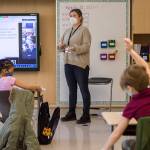 Jessica Cain lets her Zoom students and in-person students know that it is break time on Friday, March 12, 2021 in Lynnwood, Wa. (Olivia Vanni / The Herald)