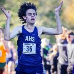 Arlingtons Brandon Moore finishes first in Saturday afternoon during the 3A District 1 Cross Country Championships at Lakewood High School in Arlington on October 30, 2021. (Kevin Clark / The Herald)