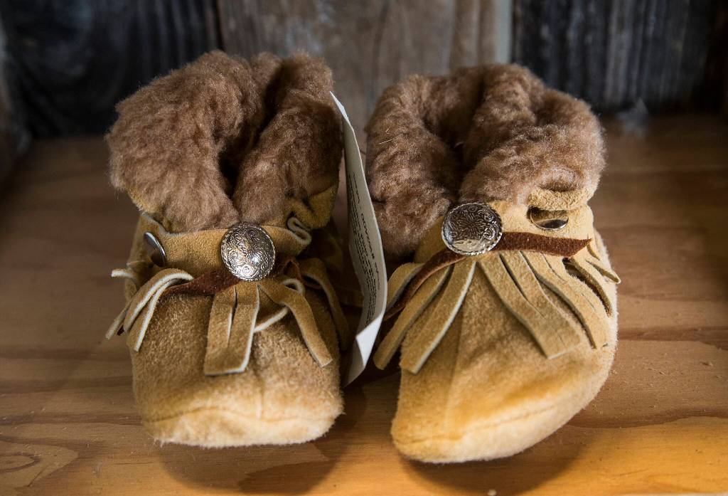 Baby leather moccasins for sale at Quil Ceda Leather in Marysville. (Andy Bronson / The Herald)