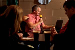 Darren Nielson runs trivia night at Brews Almighty in Everett on October 27, 2021. (Kevin Clark / The Herald)