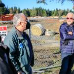 Members of the Livable Lake Stevens, Charles Allen, left to right, David Clay and Doug Turner at the construction of Costco in Lake Stevens on October 31, 2021. (Kevin Clark / The Herald)