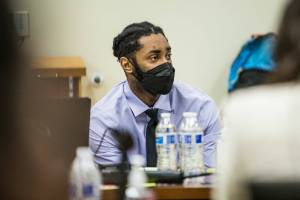 Kevin Lewis listens to Abigail Ruggles' testimony during his trial on Wednesday, Oct. 27, 2021 in Everett, Wa. (Olivia Vanni / The Herald)