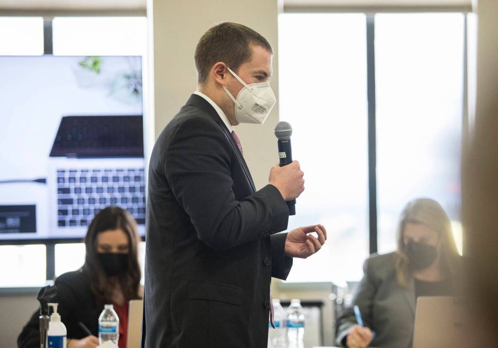 Defense attorney Paul Wagner makes his opening statement during the trial of Frank Walton on Thursday in Everett. (Olivia Vanni / The Herald)