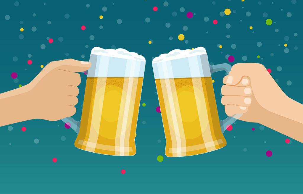 Human hands with glass beer mugs. Oktoberfest. Vector flat  illustration.