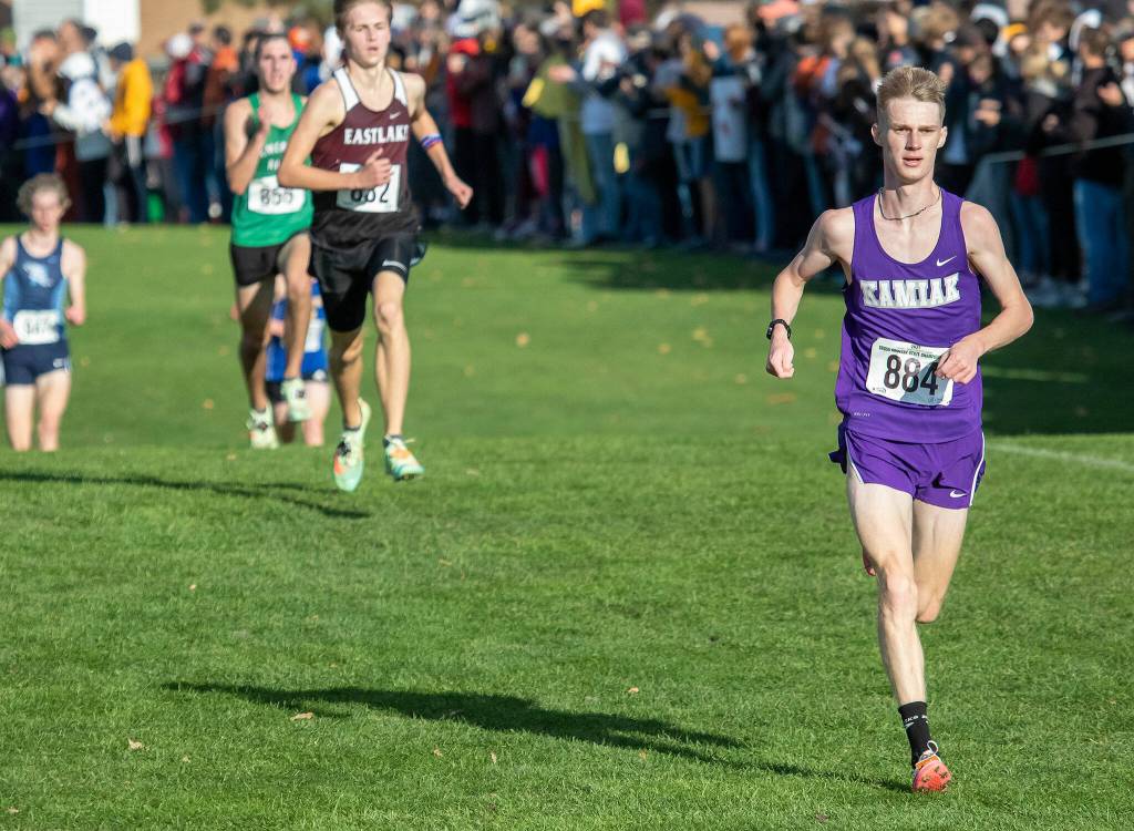 Kamiak senior Jackson Hammons placed ninth in the 4A boys race. (TJ Mullinax/For The Herald)