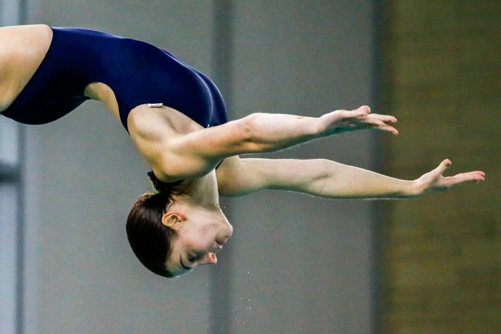 Marysville-Pilchucks Devon Keator dives during the 3A District Championships Saturday afternoon the at the Snohomish Aquatic Center on November 6, 2021. (Kevin Clark / The Herald)