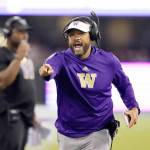 Washington head coach Jimmy Lake yells toward the field during a game against California on Sept. 25 in Seattle. Washington suspended head coach Jimmy Lake for one game without pay Monday following a sideline incident during the Huskies game against Oregon last Saturday. (AP Photo/Elaine Thompson, File)