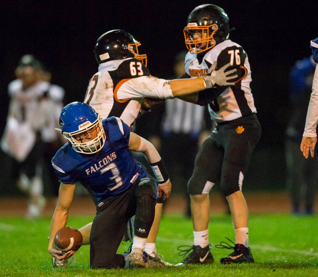 Granite Falls Evan Campbell (63) and Sam Morrison (76) celebrate a sack during a game against South Whidbey on Oct. 29 in Langley. (Olivia Vanni / The Herald)