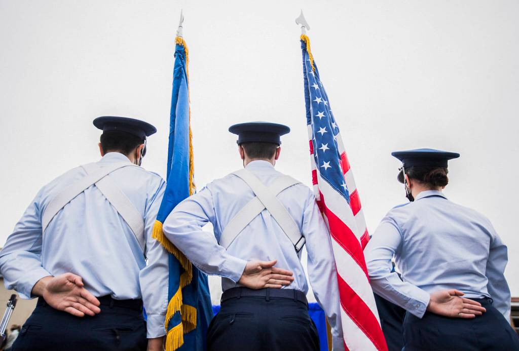 Members of the Arlington High School ROTC wait for the start of the Veterans Day Parade on Thursday, Nov. 11, 2021 in Arlington, Wa. (Olivia Vanni / The Herald)