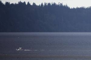 A police boat crosses Possession Sound on Wednesday to Hat Island, where the body of a man was found in Puget Sound. A kayaker was reported missing on Tuesday. (Olivia Vanni / The Herald)