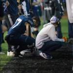 Glacier Peaks Joe Johnson and a coach react to losing to Bothell and being knocked out of the playoffs on Friday, Nov. 12, 2021 in Snohomish, Wa. (Olivia Vanni / The Herald)