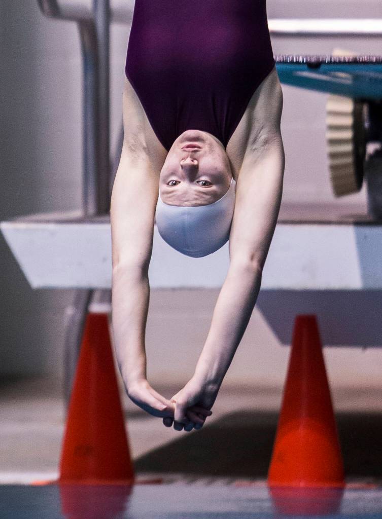 Cascades Saige Anderson dives during the 1 Meter Diving at the 3A Girls State Swim & Dive Championship on Saturday, Nov. 13, 2021 in Federal Way, Wa. (Olivia Vanni / The Herald)