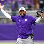 FILE - Washington head coach Jimmy Lake walks on the field as he reacts to a call in favor of Arkansas State in the second half of an NCAA college football game, Saturday, Sept. 18, 2021, in Seattle. Washington on Monday, Nov. 8 suspended head coach Jimmy Lake for one game without pay following a sideline incident during the Huskies' game against Oregon. (AP Photo/Elaine Thompson, File)