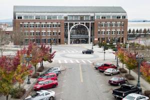 A car drives by Everett Station where Everett Mayor Cassie Franklin's proposal for its ARPA funds includes funding a child care center at station. (Olivia Vanni / The Herald) 20211118