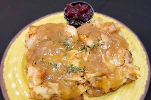 Open-faced turkey sandwich.