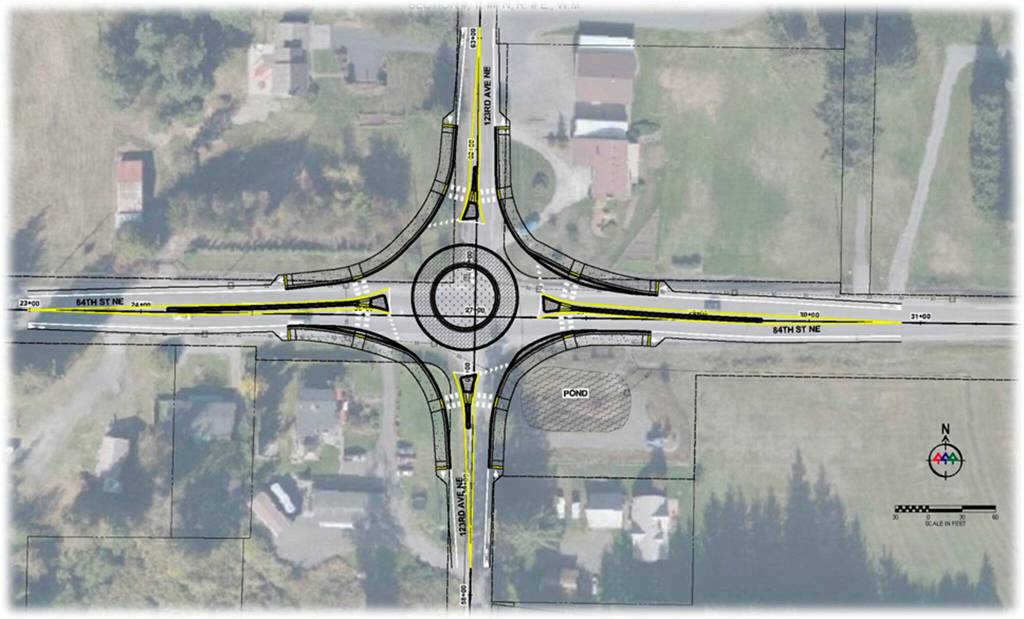 An overlay of a roundabout at 84th Street NE and 123rd Avenue NE near Getchell. The placement isnt exact and more design is needed. (Snohomish County Public Works)