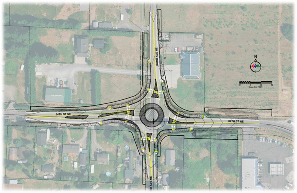 An overlay of a roundabout at 84th Street NE and 163rd Avenue NE near Lake Stevens. The placement isnt exact and more design is needed. (Snohomish County Public Works)