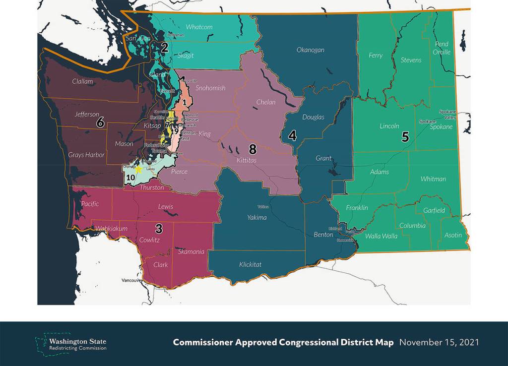 The Washington State Redistricting Commission approved this Congressional District map and released it to the public Tuesday night. It is not the final map  the Washington Supreme Court has jurisdiction to adopt the final districting plan. (Washington State Redistricting Commission)