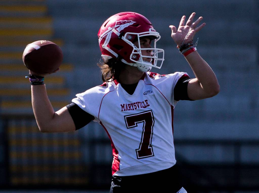 Though he rarely throws the ball, Jace Luton is an integral part of Marysville Pilchucks offense. (Olivia Vanni / The Herald)
