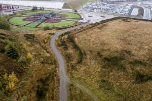 The Phil Johnson Ballfields next to a large piece of undeveloped property that was the formerly the cement company, CEMEX, on Thursday, Nov. 4, 2021 in Everett, Wa. (Olivia Vanni / The Herald)
