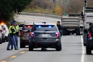 HWY 2 is closed to an accident Thursday afternoon in Monroe on November 18, 2021.    (Kevin Clark / The Herald)