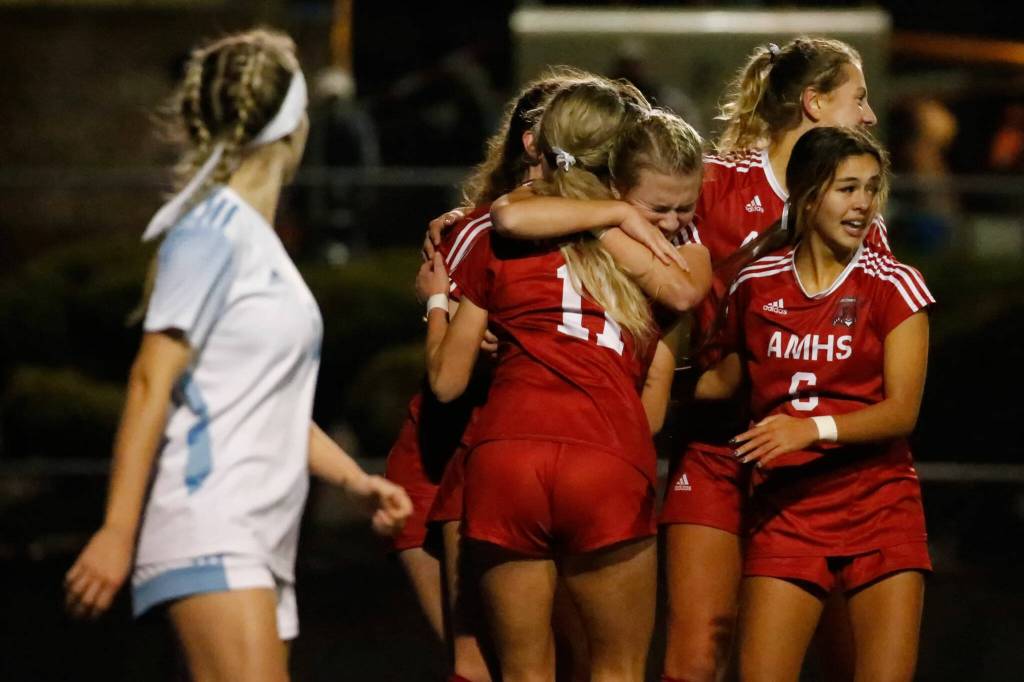 Archbishop Murphy celebrate a goal against Hopkinson Saturday evening during the 2A state championship at Shoreline Stadium on November 20, 2021. The Wildcats won 2-0. (Kevin Clark / The Herald)