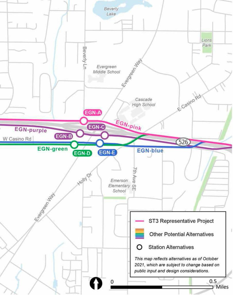 Alternatives for the Evergreen Way and Highway 526 light rail station. (Sound Transit)