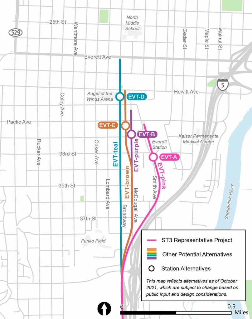 Alternatives for the Everett light rail station. (Sound Transit)