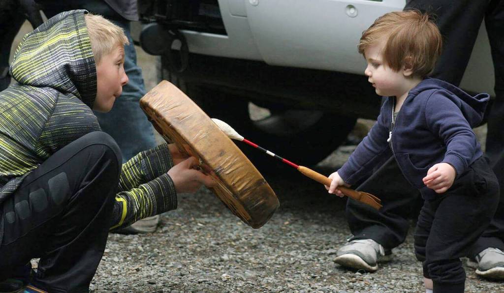 Stillaguamish tribal youth Gage and Kallen Boser drum together. (Contributed photo)