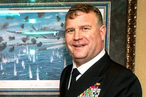 Rear Adm. Christopher Sweeney, commander of Puget Sound-based Carrier Strike Group 11, in Bremerton on Nov. 23, 2021. (U.S. Navy/MC3 Justin McTaggart)