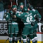 Everett Silvertips players huddle together during a game against Kamloops on Saturday at Angel of the Winds Arena in Everett. (Kristin Ostrowski/Everett Silvertips)