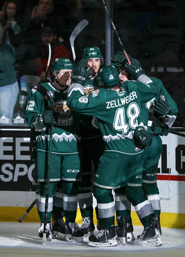 Everett Silvertips players huddle together during a game against Kamloops on Saturday at Angel of the Winds Arena in Everett. (Kristin Ostrowski/Everett Silvertips)