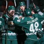 Everett Silvertips players huddle together during a game against Kamloops on Saturday, Nov. 27, 2021, at Angel of the Winds Arena in Everett. (Kristin Ostrowski/Everett Silvertips)