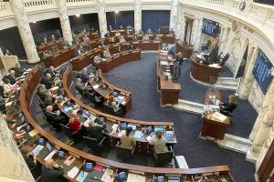 FILE - In this March 9, 2021, file photo, House members meet in the Statehouse, in Boise, Idaho. An Idaho law banning nearly all abortions would take effect if the U.S. Supreme Court overturns Roe v. Wade, the landmark 1973 ruling that declared a nationwide right to abortion. The court with a 6-3 conservative majority on Wednesday, Dec. 1 starts hearing arguments over a Mississippi law that bans abortions after 15 weeks. (AP Photo/Keith Ridler, File)