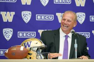 Kalen DeBoer speaks during a news conference, Tuesday, Nov. 30, 2021, in Seattle, to introduce him as the new head NCAA college football coach at the University of Washington. DeBoer has spent the past two seasons as head football coach at Fresno State. (AP Photo/Ted S. Warren)