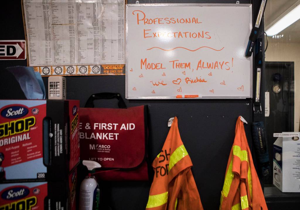 A whiteboard inside Richie del Puertos auto tech classroom at Sno-Isle Technical Skills Center on Tuesday in Everett. (Olivia Vanni / The Herald)