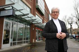 The Lab@Everett director Diane Kamionka stands outside the Lab's new home at the Angel of the Winds Arena on Monday, Nov. 29, 2021 in Everett, Washington. When Everett Community College tore down the Broadway mall to make room for its new Cascade Resource Learning Center, The Lab@everett, a business accelerator, also succumbed to the bulldozer. However, the city of Everett found a new home for the TheLab, which serves entrepreneurs and startups: the Angel of the Winds Arena. (Andy Bronson / The Herald)