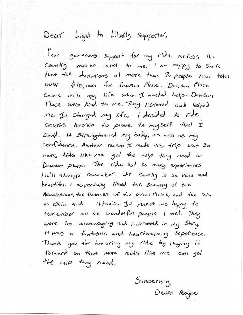 Deven Boyce, 14, biked 3,000 miles across the country in the summer to raise money for Dawson Place Child Advocacy Center in Everett. He recently handwrote a letter to thank donors.