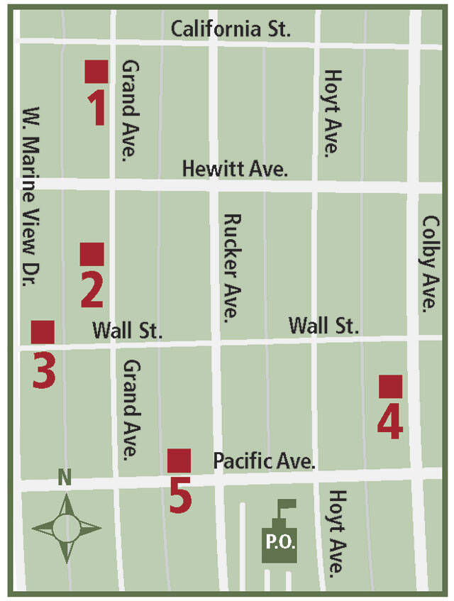 Lobsang Dargeys Everett developments: 1. Everett Public Market, 2804 Grand Ave.; 2. Potala Place Everett, now Grand Ave Apartments, 2900 Grand Ave.; 3. Hampton Inn, 2931 W. Marine View Drive; 4. Chicago Title, 3006 Colby Ave.; 5. Potala Village Everett, now Lumen Apartments, 1315 Pacific Ave.