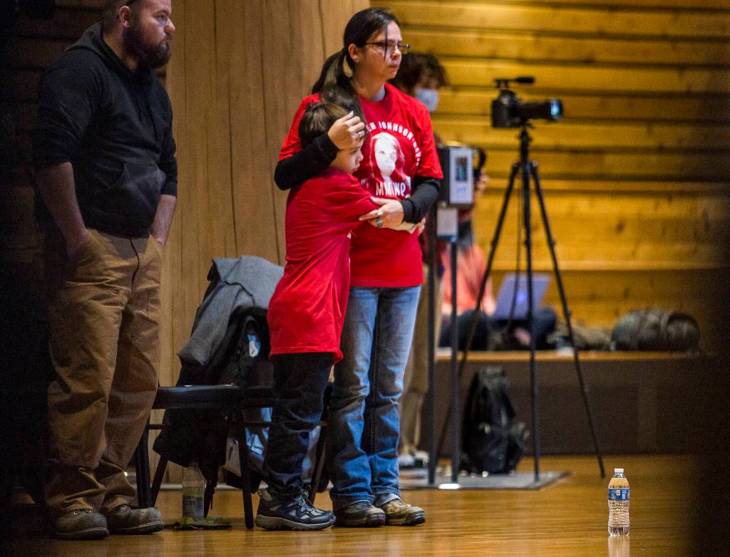 Gerry Davis reacts during a gathering supporting the continued search for her sister, Mary Ellen Johnson-Davis, on Thursday in Tulalip. (Olivia Vanni / The Herald)
