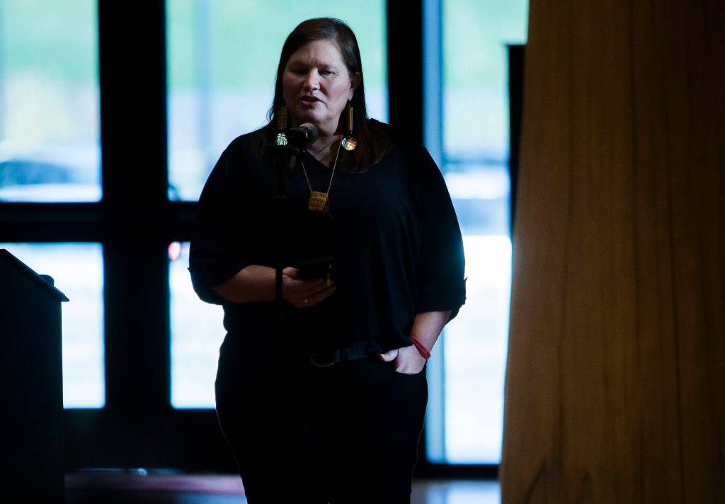 Carolyn DeFord, a Missing and Murdered Indigenous People Families advocate, speaks during a gathering supporting the continued search for Mary Ellen Johnson-Davis. (Olivia Vanni / The Herald)