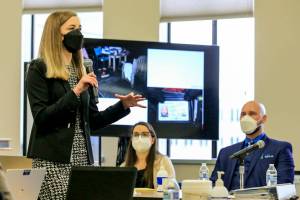 Prosecuting attorney, Taryn Jones gives the state's opening statement to start the trial of Ryan Leenders for first-degree murder Friday morning at the Snohomish County Superior Courthouse on December 3, 2021. (Kevin Clark / The Herald)