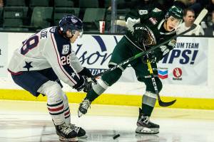 Silvertips’ Olen Zellweger takes a shot during the game against the Tr-City Americans on Friday, Sept. 20, 2019 in Everett, Wash. (Olivia Vanni / The Herald)