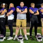 Lake Stevens' Micah Avery, left-right, Ashten Hendrickson, Grant Lynch, Dylan Slezak and Bryce Slezak are the starting offensive linemen for Lake Stevens state championship run. (Kevin Clark / The Herald)