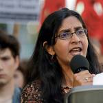 FILE - Seattle city councilmember Kshama Sawant speaks during a protest against family separation at the border and other immigration-related issues on Aug. 1, 2019, outside ICE headquarters in Seattle. Henry Bridger II, a former supporter of Sawant, is leading an effort to recall her, and ballots are due Tuesday, Dec. 7, 2021 in Seattle's Third District. The results could further shift power in the Northwest's largest city and deal another setback to leftist activists who saw business-friendly candidates win a council seat and the mayor's office in the November 2021 general election. (AP Photo/Ted S. Warren, File)