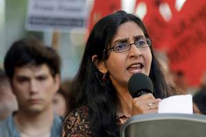 FILE - Seattle city councilmember Kshama Sawant speaks during a protest against family separation at the border and other immigration-related issues on Aug. 1, 2019, outside ICE headquarters in Seattle. Henry Bridger II, a former supporter of Sawant, is leading an effort to recall her, and ballots are due Tuesday, Dec. 7, 2021 in Seattle's Third District. The results could further shift power in the Northwest's largest city and deal another setback to leftist activists who saw business-friendly candidates win a council seat and the mayor's office in the November 2021 general election. (AP Photo/Ted S. Warren, File)