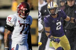 Washington State offensive tackle Abraham Lucas (left) and Washington defensive back Kyler Gordon (right) are both Archbishop Murphy graduates. (Associated Press)