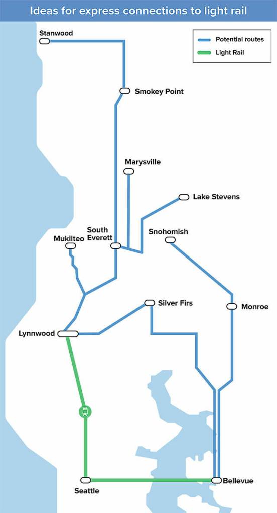 All-day express buses are one proposal in Community Transits 2024 service plan changes in the wake of light rail. Those buses have fewer stops and would connect to light rail in Lynnwood. (Community Transit)