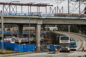 A construction worker crosses the street at two buses pull into the Lynnwood Transit Center on Friday, Dec. 10, 2021 in Lynnwood, Wa. (Olivia Vanni / The Herald)